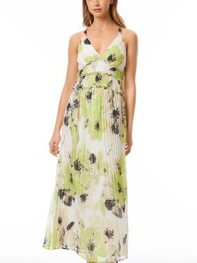 Adrienne Landau Lime Green & White Floral Pleated Maxi Dress